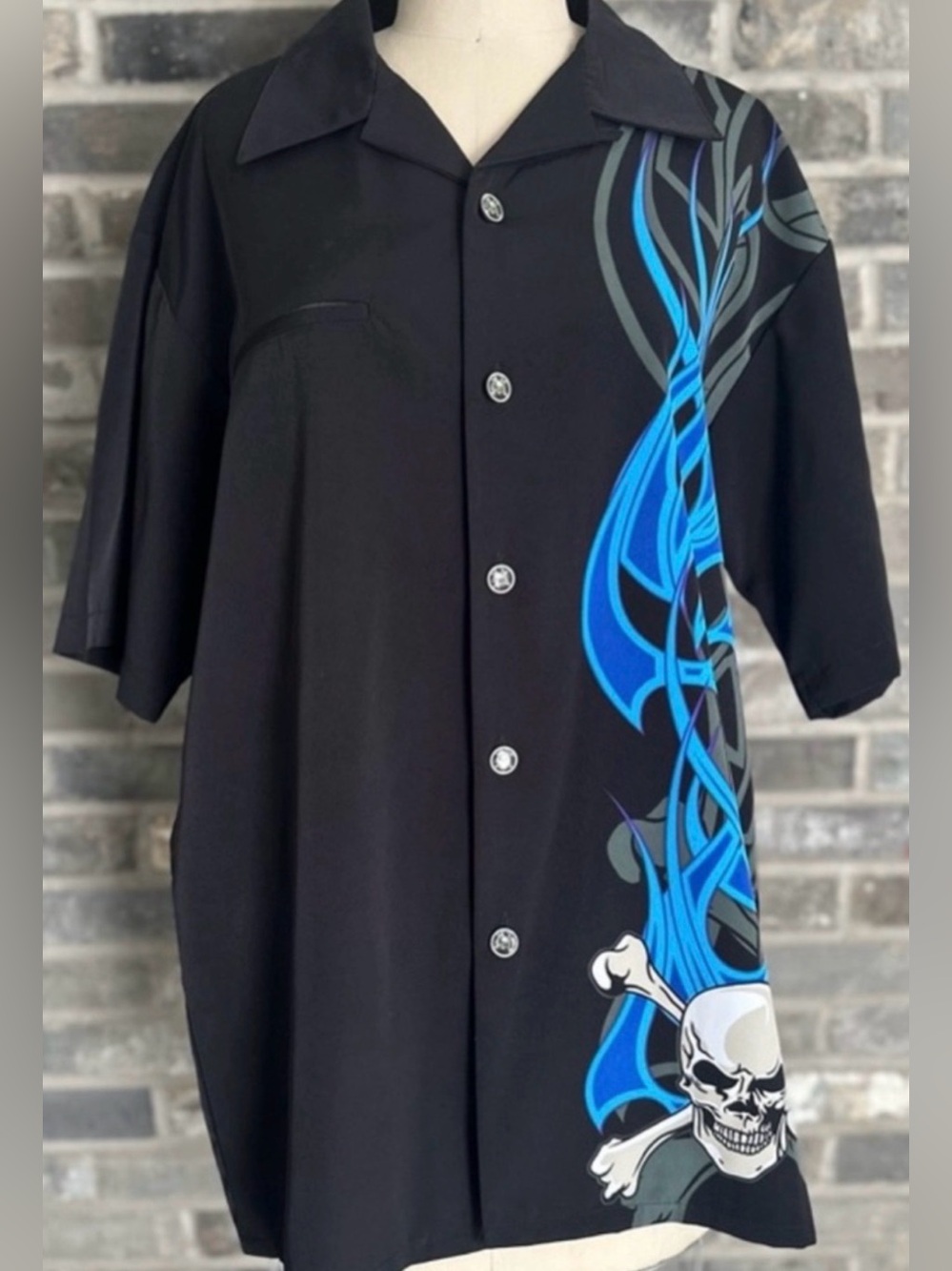 Y2K Dragonfly Skull Blue Flame Biker Button Up Shirt Mens M